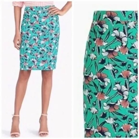 J by J. Crew Floral Printed Basketweave Pencil Skirt Green Coral Womens Size 0 - Picture 1 of 16